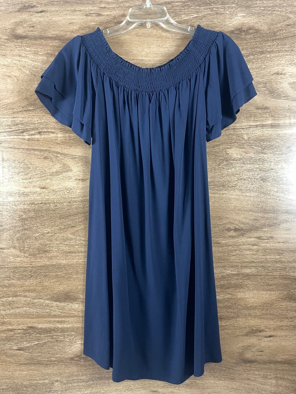 Old Navy Navy Blue Off Shoulder Dress M Rayon Smocked Ruffle Sleeve